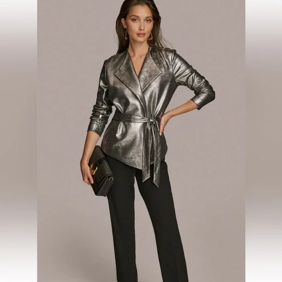 NWT Donna Karan Belted Metallic Silver Women's Flyaway Jacket - Picture 2 of 10